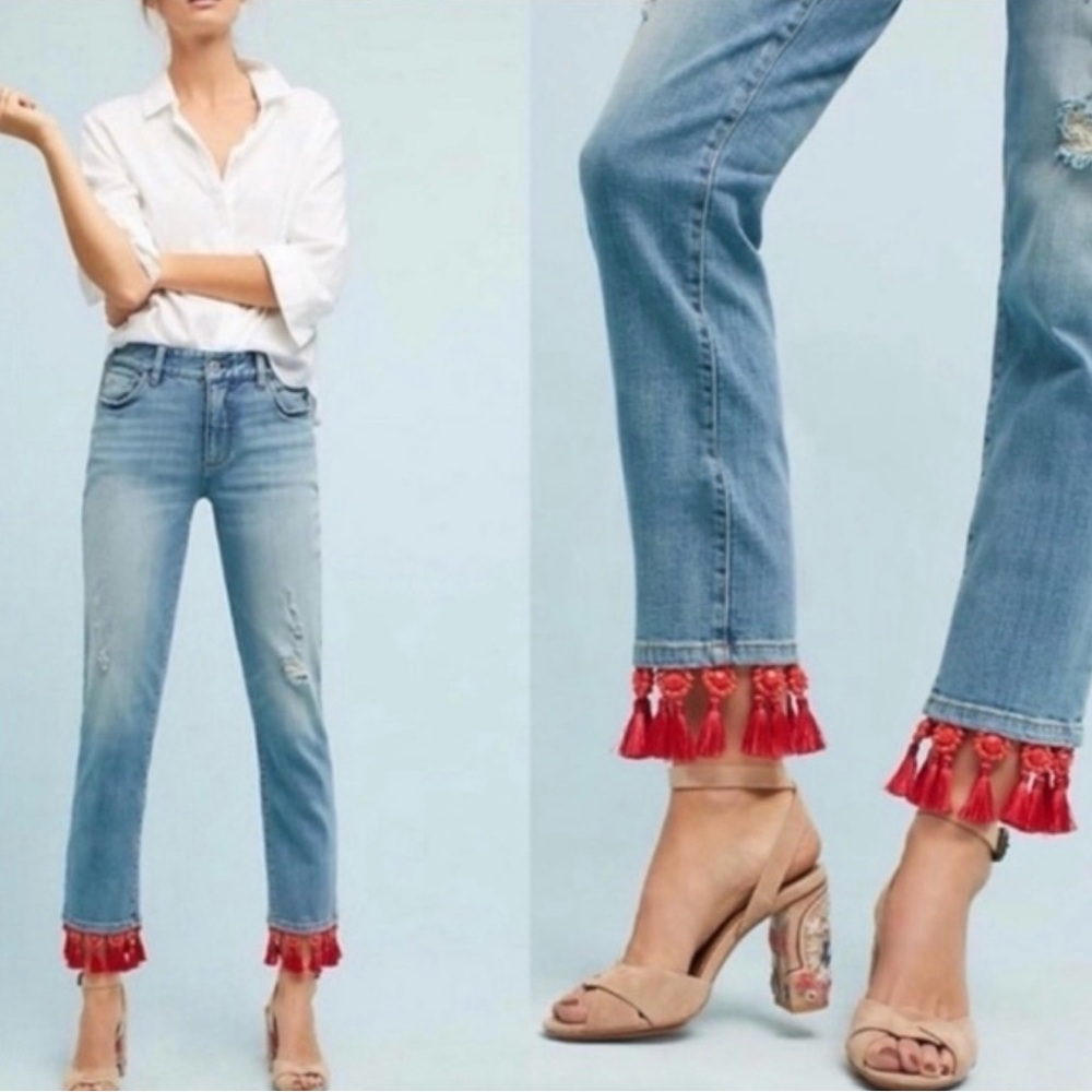 Anthropologie Pilcro and Letterman slim cropped boyfriend Jeans with Red Tassels